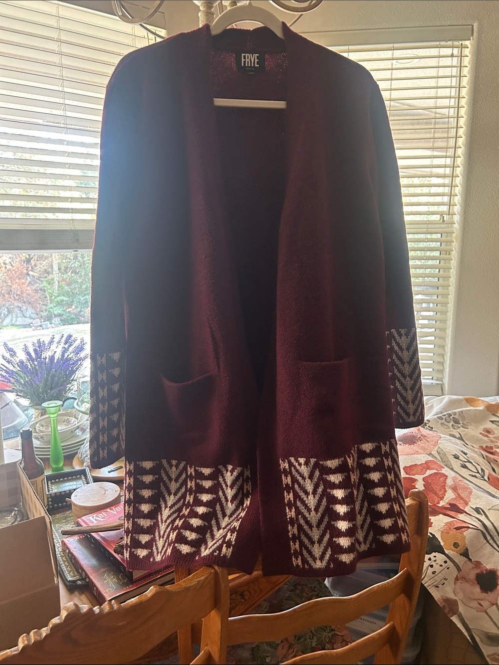 FRYE Burgundy Open-Front Cardigan with Ivory Geometric Trim VGUC